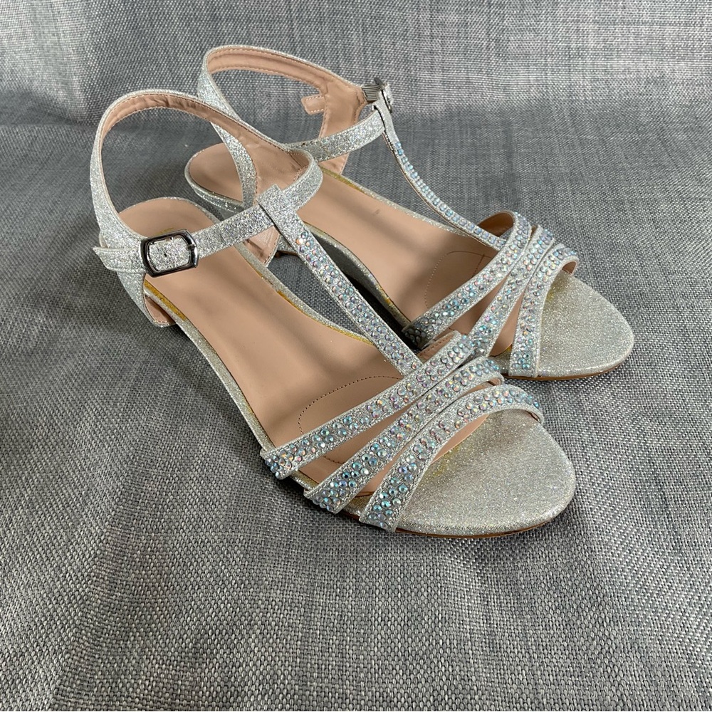 Rhinestone Wedge Dressy Sandals 7B Silver Glitter Bridal Prom Formal Party Shoes
